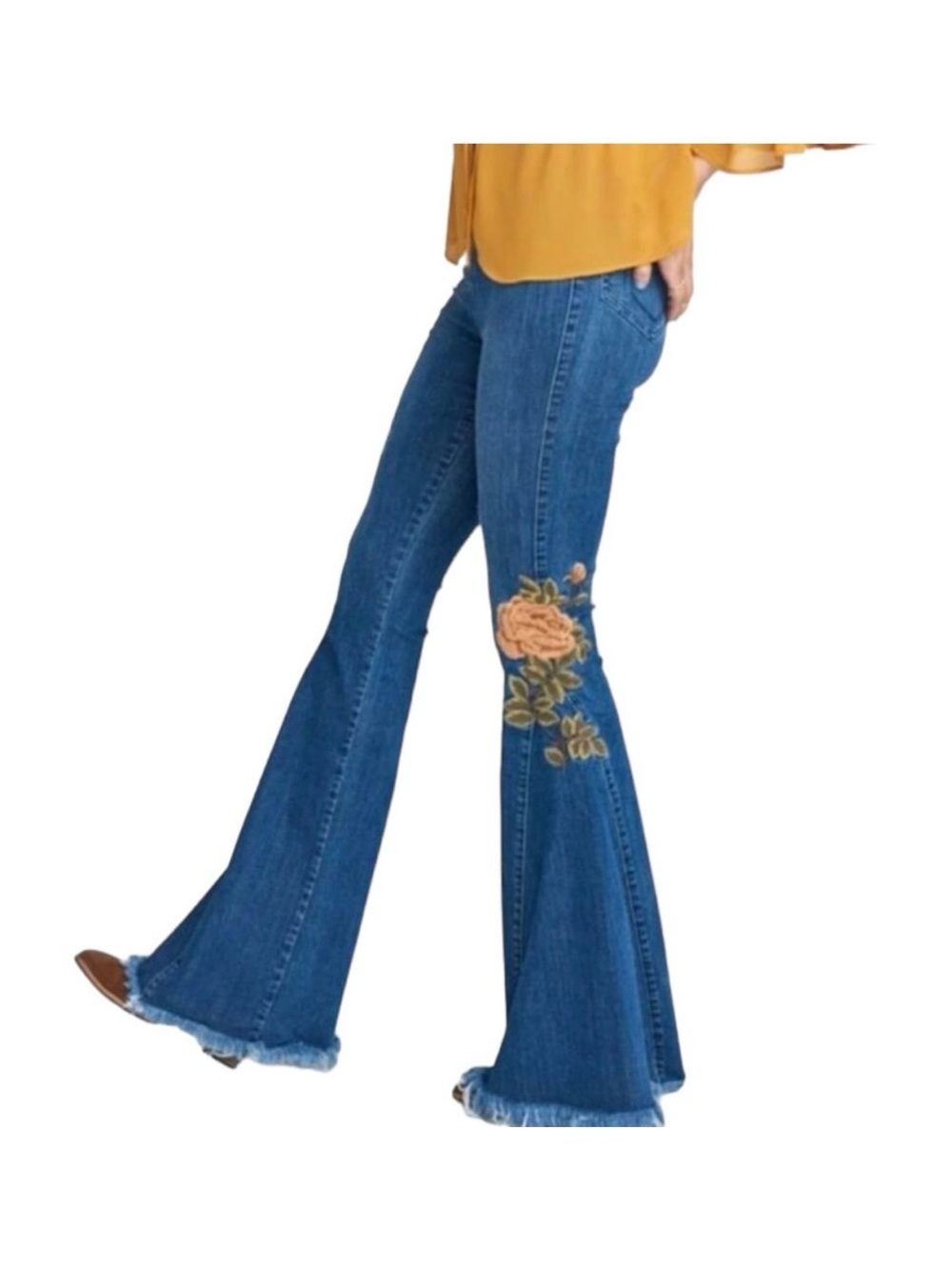 Show Me Your MuMu Berkley Bells Jeans with Orange Floral Embroidery Size L
